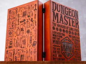 Wooden DM screen box with engraved design for tabletop role-playing games