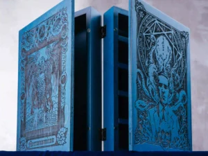 Wooden DM screen box with engraved design for tabletop role-playing games