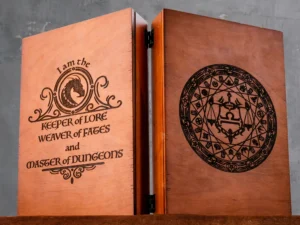 Wooden DM screen box with engraved design for tabletop role-playing games