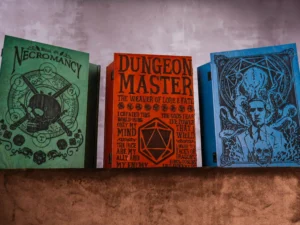 Wooden DM screen box with engraved design for tabletop role-playing games
