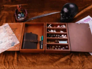 Wooden DM screen box with engraved design for tabletop role-playing games