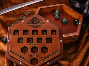 Hexaward – handcrafted wooden hexagonal dice storage and tracker box
