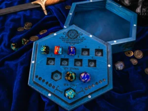 Hexaward – handcrafted wooden hexagonal dice storage and tracker box