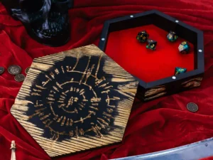 Hexaward – handcrafted wooden hexagonal dice storage and tracker box