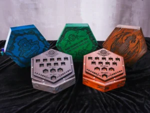 Hexaward – handcrafted wooden hexagonal dice storage and tracker box