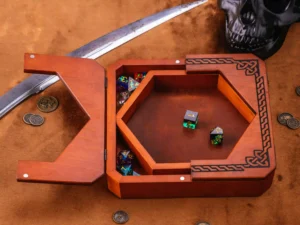 Hexarelic – handcrafted hexagonal wooden dice tray with engraved fantasy creatures