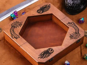 Hexarelic – handcrafted hexagonal wooden dice tray with engraved fantasy creatures