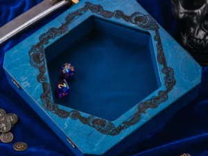 Hexarelic – handcrafted hexagonal wooden dice tray with engraved fantasy creatures