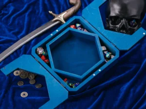 Hexarelic – handcrafted hexagonal wooden dice tray with engraved fantasy creatures