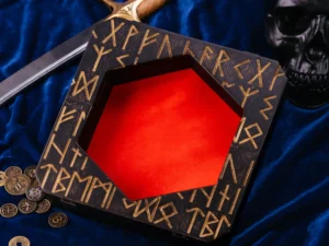 Hexarelic – handcrafted hexagonal wooden dice tray with engraved fantasy creatures