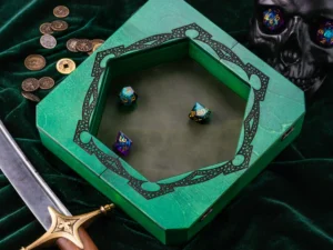 Hexarelic – handcrafted hexagonal wooden dice tray with engraved fantasy creatures