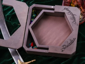 Hexarelic – handcrafted hexagonal wooden dice tray with engraved fantasy creatures