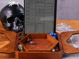 Hexarelic – handcrafted hexagonal wooden dice tray with engraved fantasy creatures