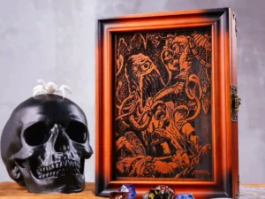Dice Box Combo – handcrafted wooden dice storage and rolling tray with engraved fantasy artwork
