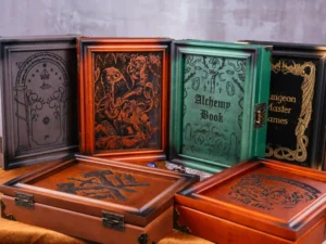 Dice Box Combo – handcrafted wooden dice storage and rolling tray with engraved fantasy artwork