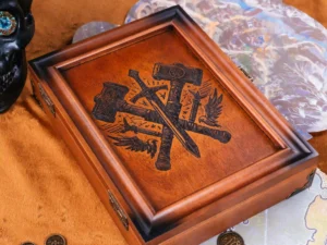 Dice Box Combo – handcrafted wooden dice storage and rolling tray with engraved fantasy artwork