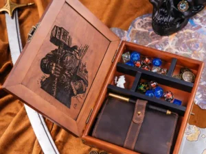 Dice Box Combo – handcrafted wooden dice storage and rolling tray with engraved fantasy artwork