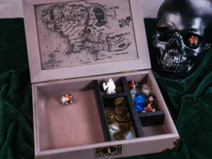 Dice Box Combo – handcrafted wooden dice storage and rolling tray with engraved fantasy artwork
