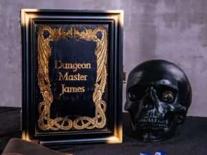 Dice Box Combo – handcrafted wooden dice storage and rolling tray with engraved fantasy artwork