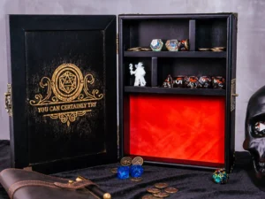 Dice Box Combo – handcrafted wooden dice storage and rolling tray with engraved fantasy artwork